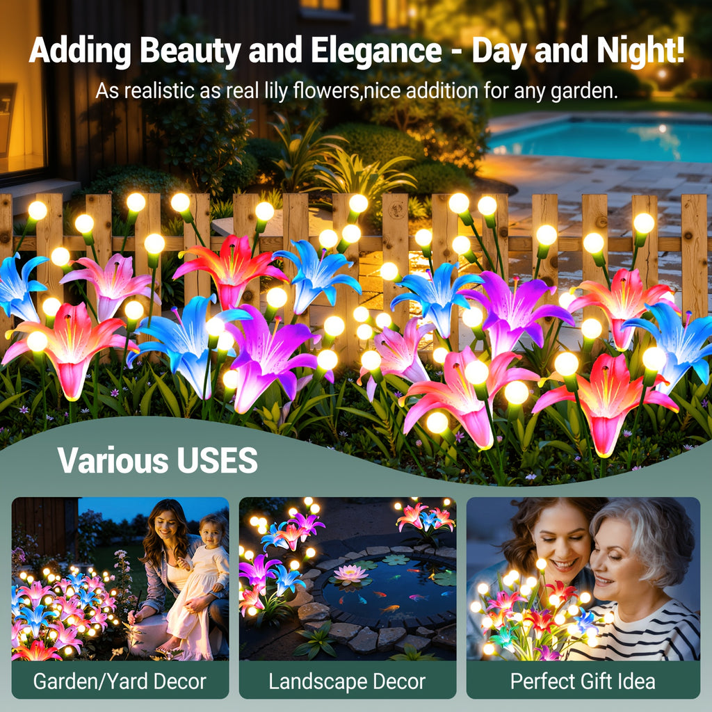8/4 Pack Solar Garden Light Set - New Upgraded Outdoor Solar Light, 7-Color Changing Lily Light, Perfect for Courtyard, Includes 12 Realistic Lilies & 24 Firefly Lights, Garden Decoration, More Realistic Lily Flower - Birthday & Holiday Gift