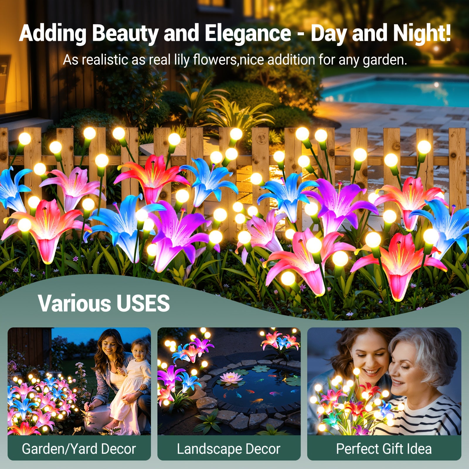 8/4 Pack Solar Garden Light Set - New Upgraded Outdoor Solar Light, 7-Color Changing Lily Light, Perfect for Courtyard, Includes 12 Realistic Lilies & 24 Firefly Lights, Garden Decoration, More Realistic Lily Flower - Birthday & Holiday Gift