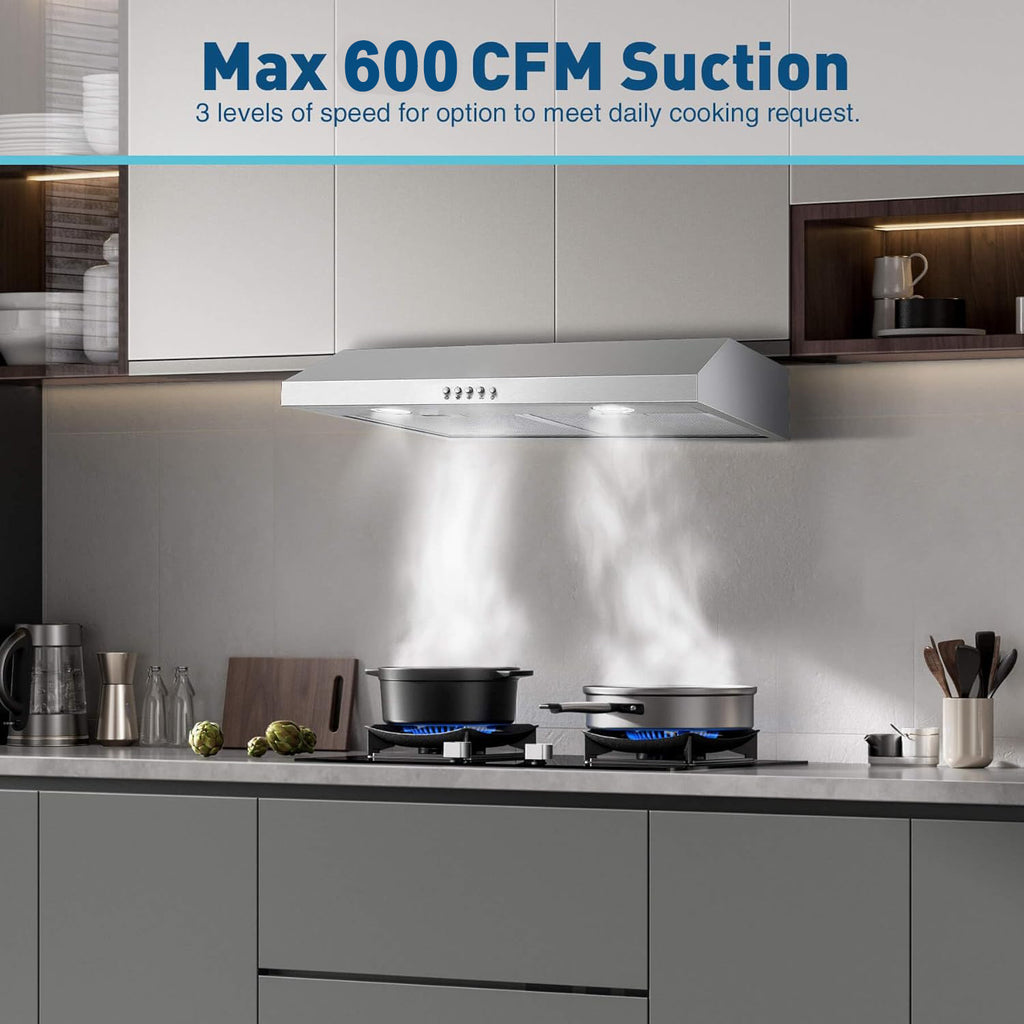30-Inch Under-Cabinet Range Hood, Silver Stainless Steel Kitchen Vent Hood, 600CFM Stove Exhaust Fan, 3-Speed Fan, 2 Bright LED Lights