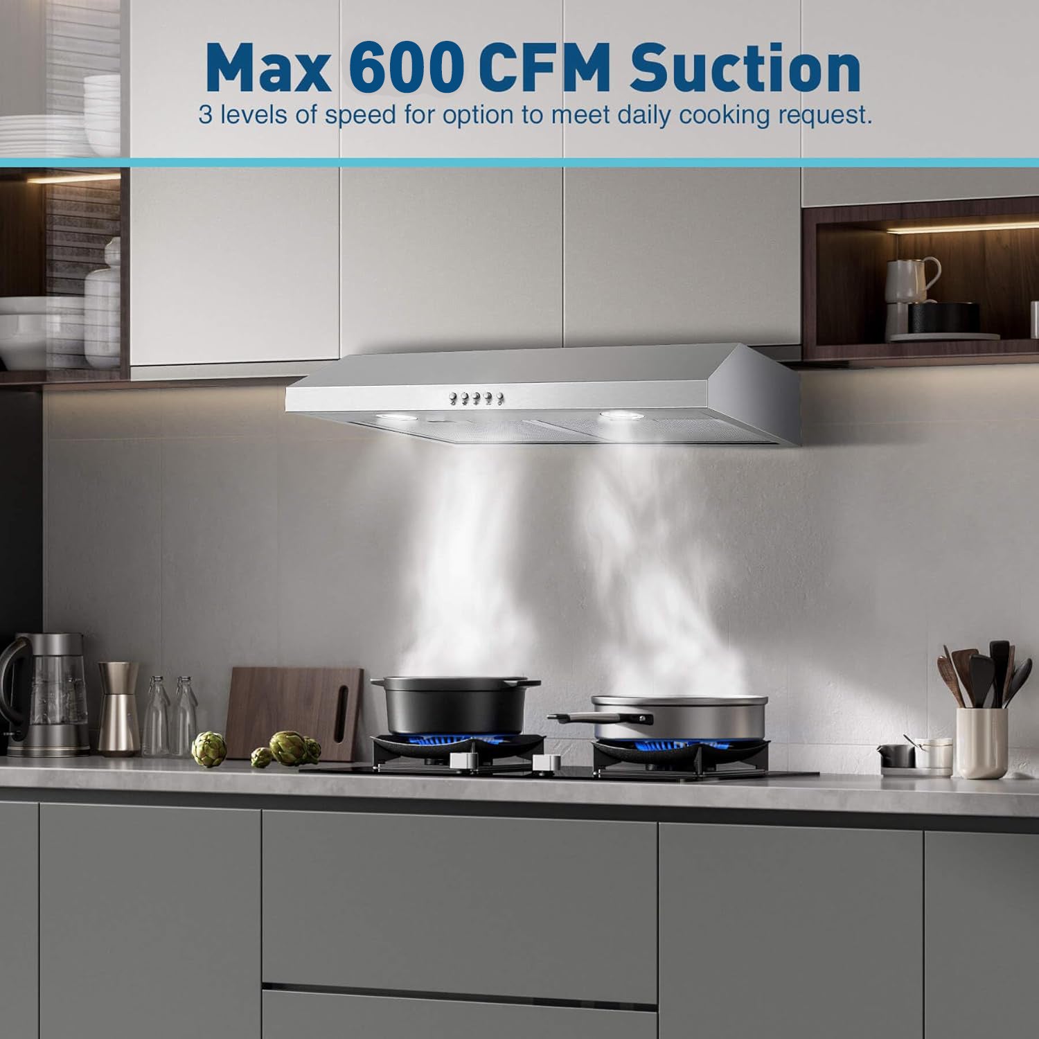 30-Inch Under-Cabinet Range Hood, Silver Stainless Steel Kitchen Vent Hood, 600CFM Stove Exhaust Fan, 3-Speed Fan, 2 Bright LED Lights