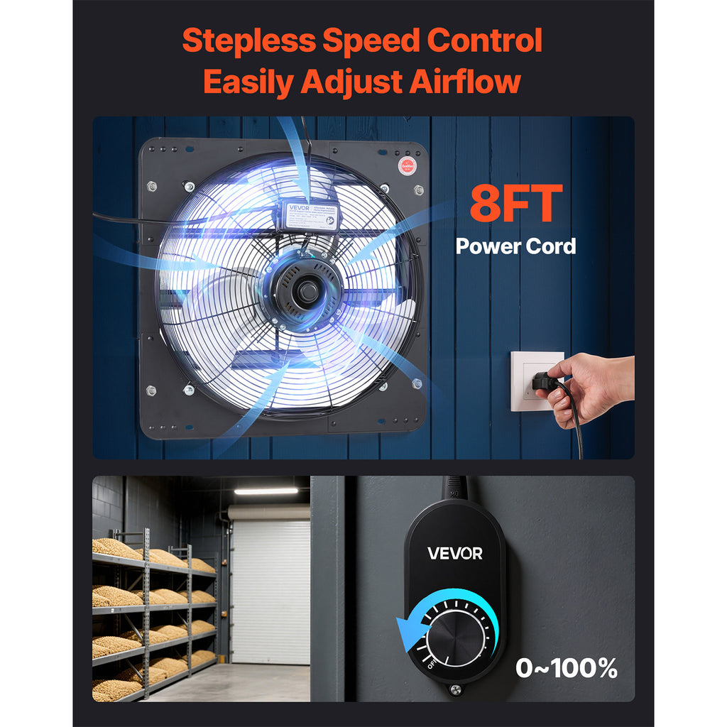 VEVOR 18 Inch Shutter Exhaust Fan, Wall Mount Attic Vent Fan with Speed Controller, 2200 CFM, AC Motor, Heavy-Duty Steel Construction, Low Noise, Black for Shed Garage Greenhouse Ventilation Cooling