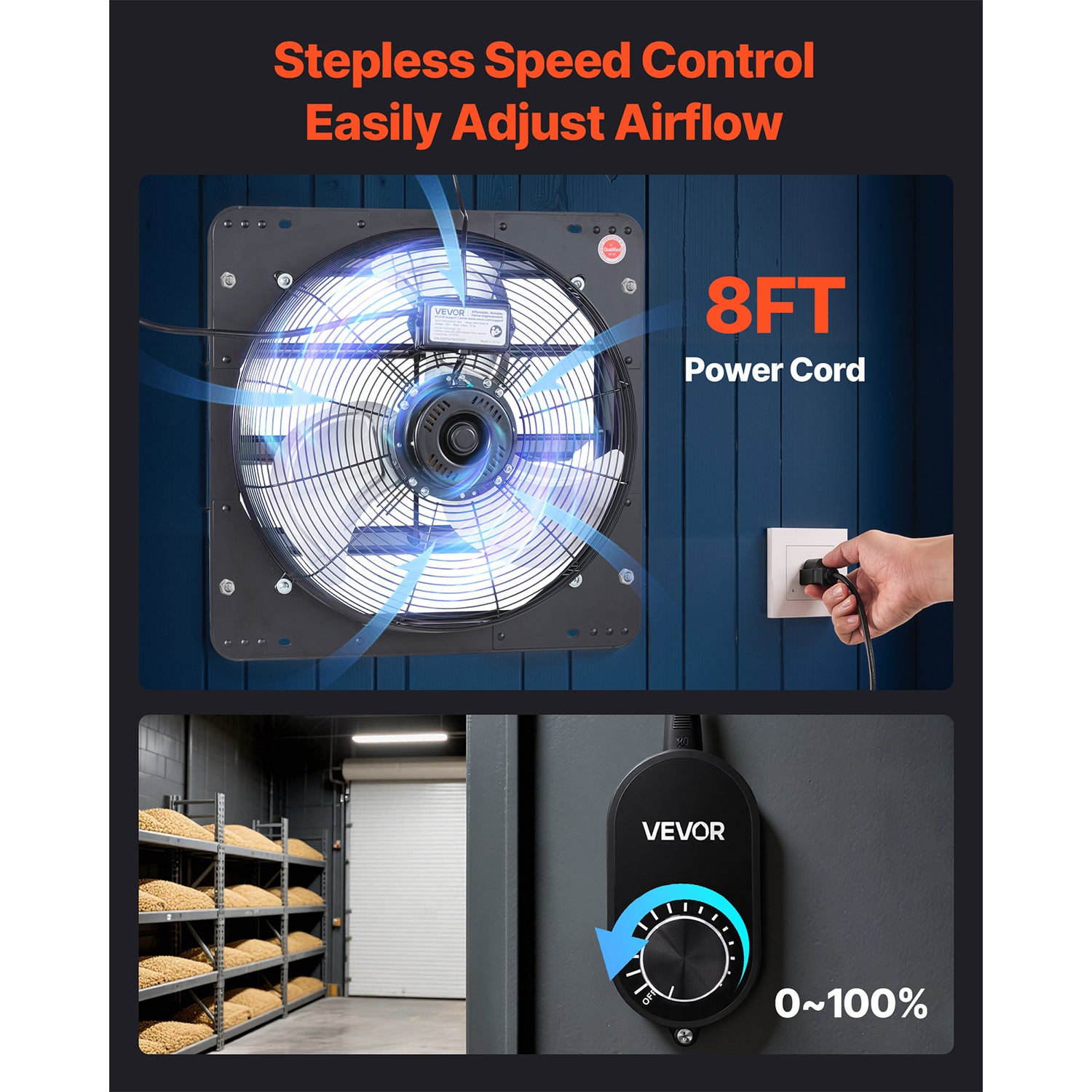 VEVOR 18 Inch Shutter Exhaust Fan, Wall Mount Attic Vent Fan with Speed Controller, 2200 CFM, AC Motor, Heavy-Duty Steel Construction, Low Noise, Black for Shed Garage Greenhouse Ventilation Cooling
