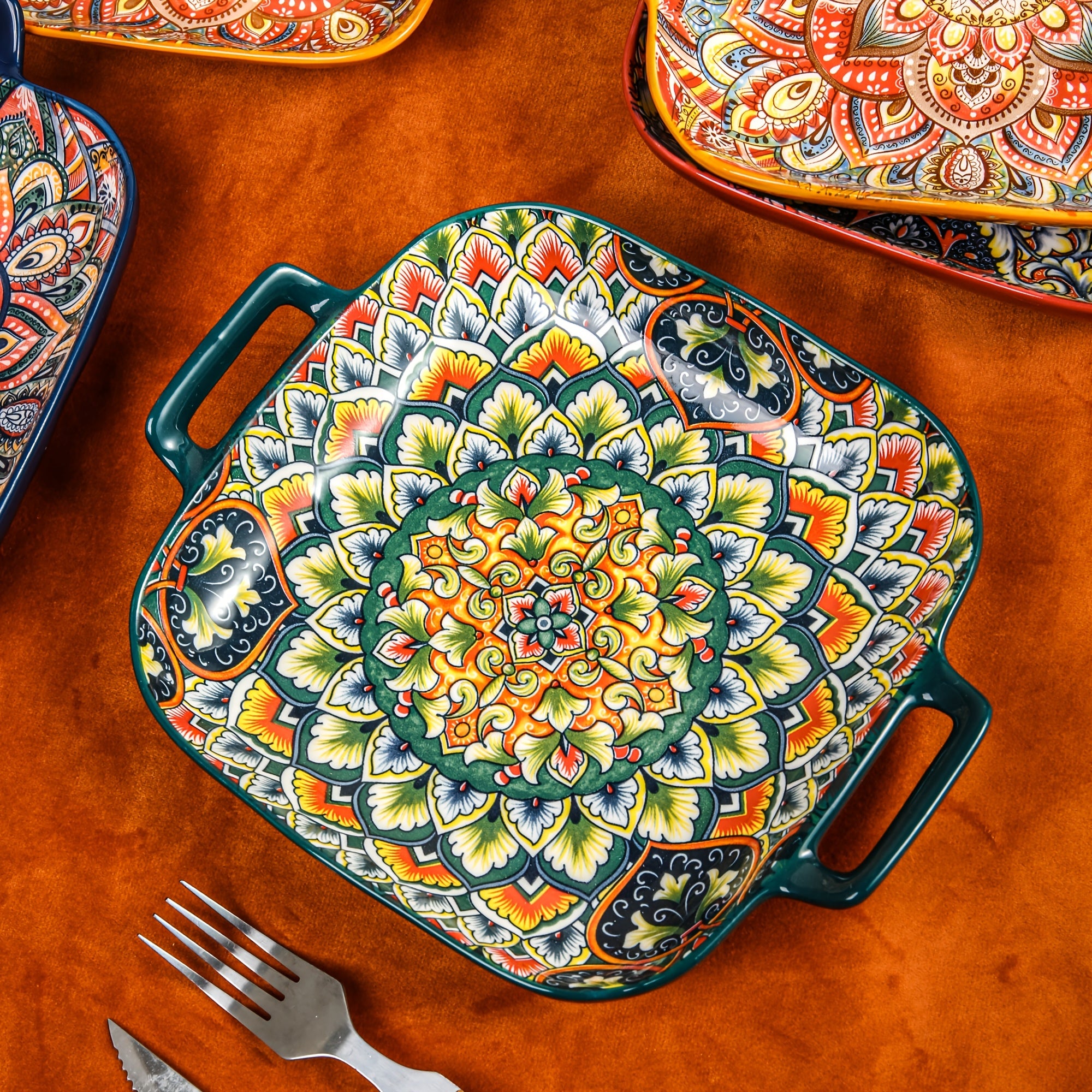 2-Piece / 4-Piece Ceramic Baking Set – 9-Inch Square Plates, Bohemian Style – Perfect for Pasta, Oven &amp; Catering – Multi-Purpose Kitchen &amp; Dining Essential