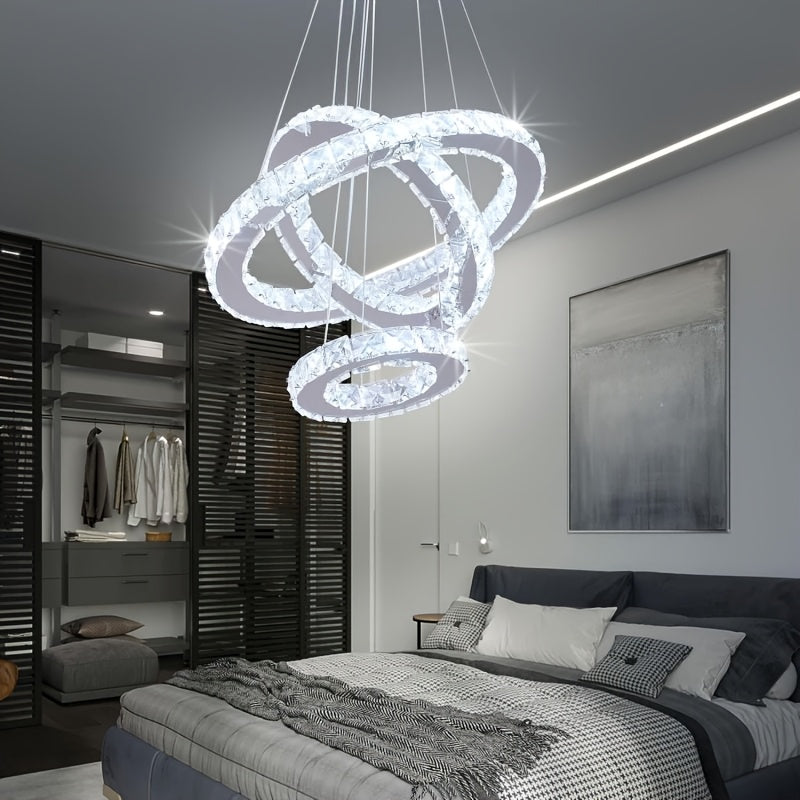 Modern LED Chandelier Crystal Pendant Light 3-Ring Round Pendant Light Adjustable Stainless Steel Ceiling Fixture, Suitable for Living Room, Dining Room, Bedroom