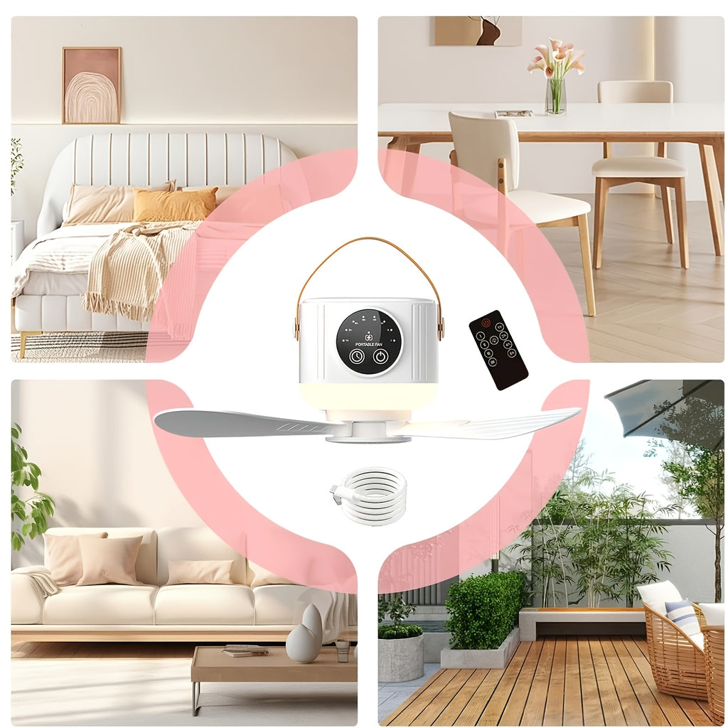 Remote Control Hanging Ceiling Fan, USB Rechargeable Portable Outdoor Fan with LED Ambient Light, Large Capacity Battery Long Lasting, High Speed Personal Fan, Fast Cooling Fan for Summer Camping