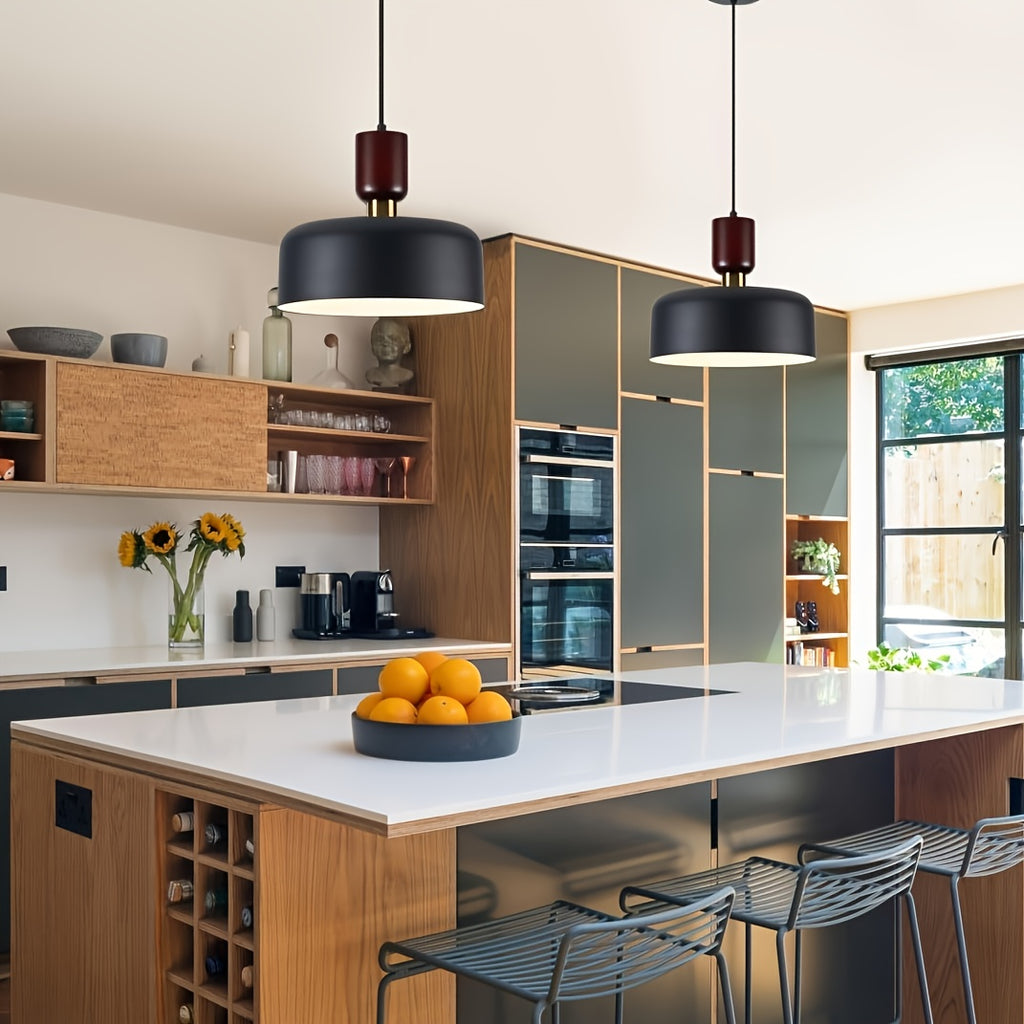 Nordic modern wood metal decorative pendant light - suitable for dining room, kitchen island, sloped ceiling, height adjustable, 12-inch diameter black and white drum lampshade (bulb not included)