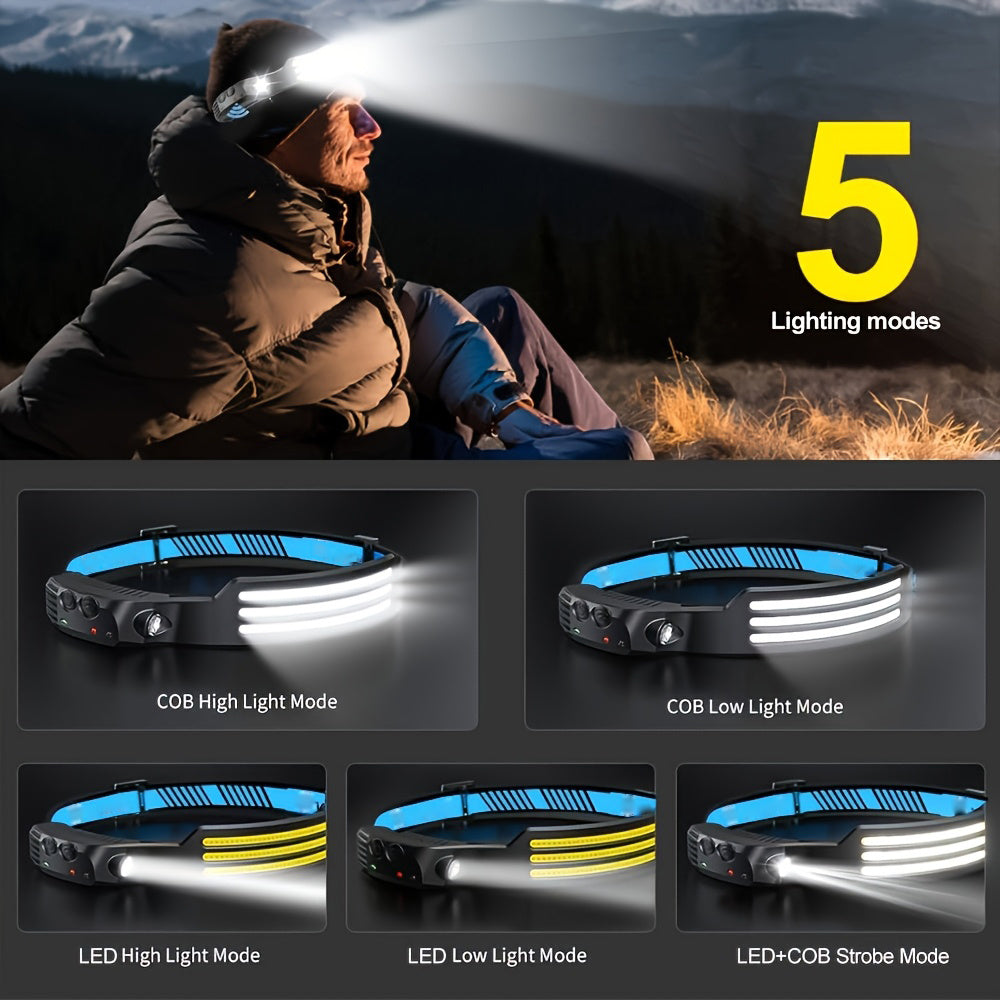 1Pc USB Rechargeable COB Headlamp, Motion Sensor Outdoor Head Light, 230° Wide Angle, 5 Lighting Modes Running Headlamp, Portable Lightweight Hands-Free Flashlight, Ideal for Camping, Hiking and Outdoor Activities