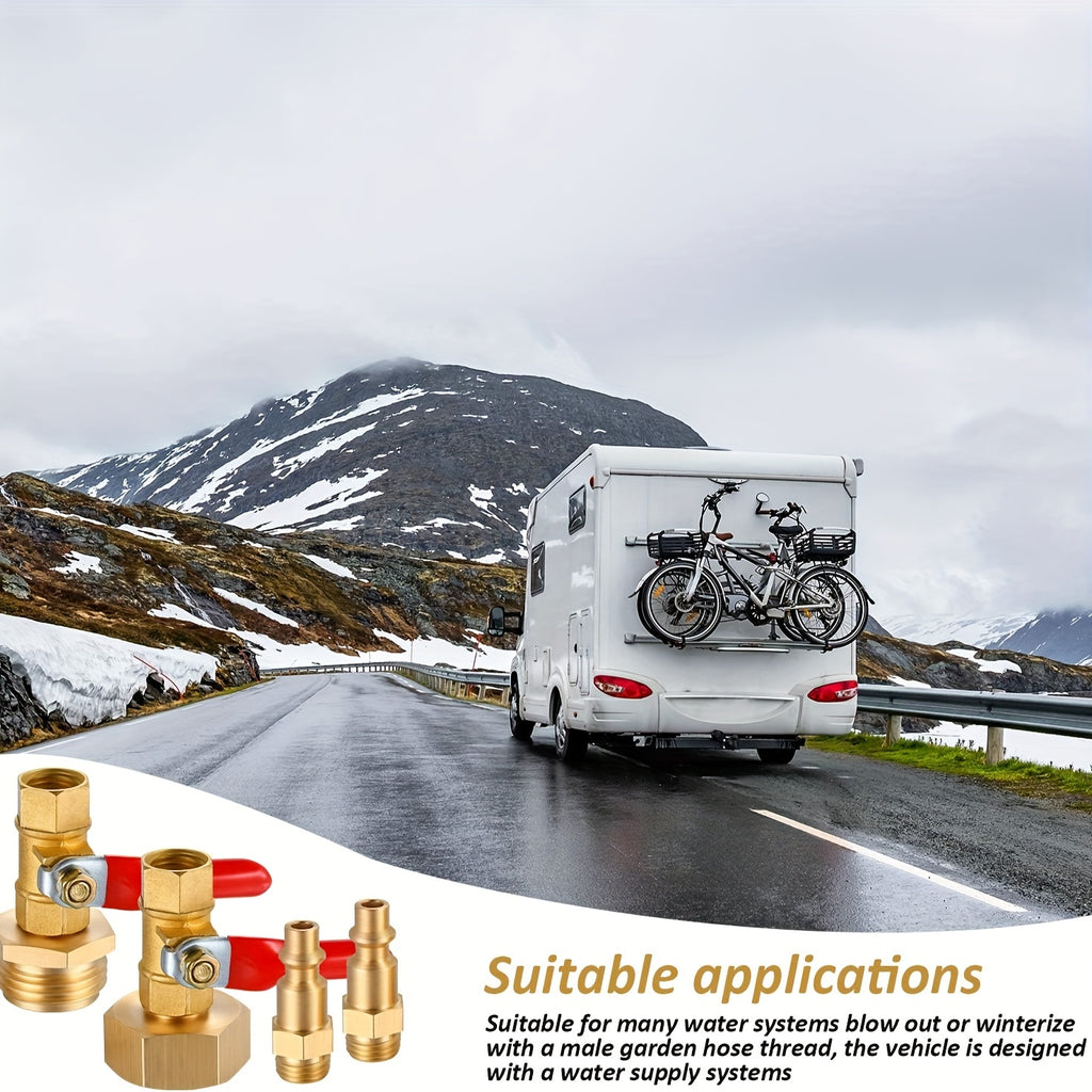 RV Winterize Blowout Adapter, with 1/4" Quick Connect Plug and 3/4" Garden Hose Thread, Winterize Quick Adapter with Ball Valve for Boat Camper Trailer Sprinkler System Irrigation Kit Fittings