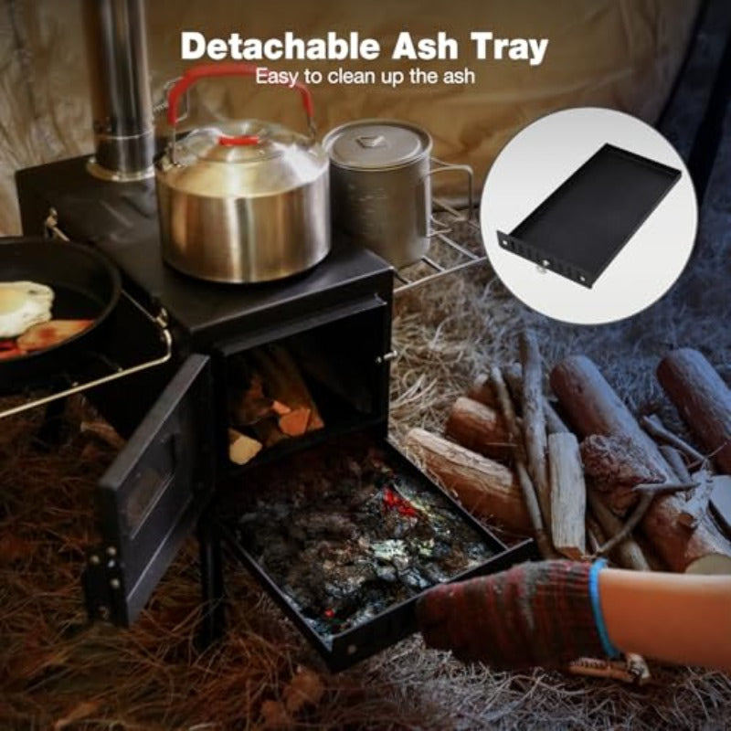 Portable Windproof Chimney Wood Stove, Includes Gloves & Tent Rope, Camping Wood Stove for Tent Shelter, Outdoor Cooking & Heating, Black