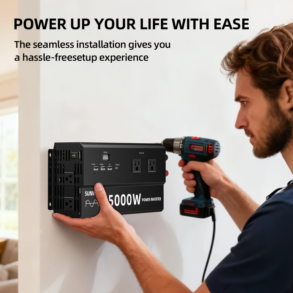 纯正波5000W 4000W 110V车载电源逆变器，快速充电，数字电压显示，智能快速充电，5000W大功率变压器-车载3个USB插头，1个Type-C插头，适用于汽车，家庭，笔记本电脑，卡车，美规插座