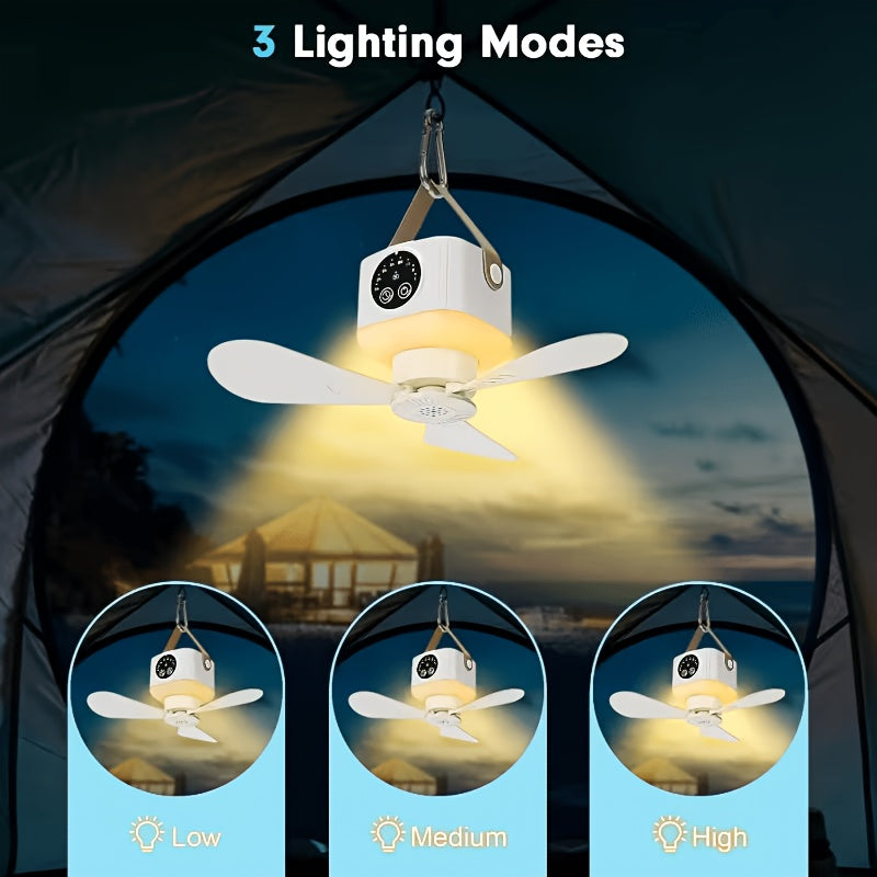 1 Pack Rechargeable Camping Fan Light, 3 Warm Light Modes, Outdoor Patio &amp; Indoor Bedroom Bedside Lamp, Hanging/Stand Mountable, Multi-Function Camping Light with Fan, Remote Control, Ideal for Summer, RV, Truck, Roof Tent, Travel and Camping