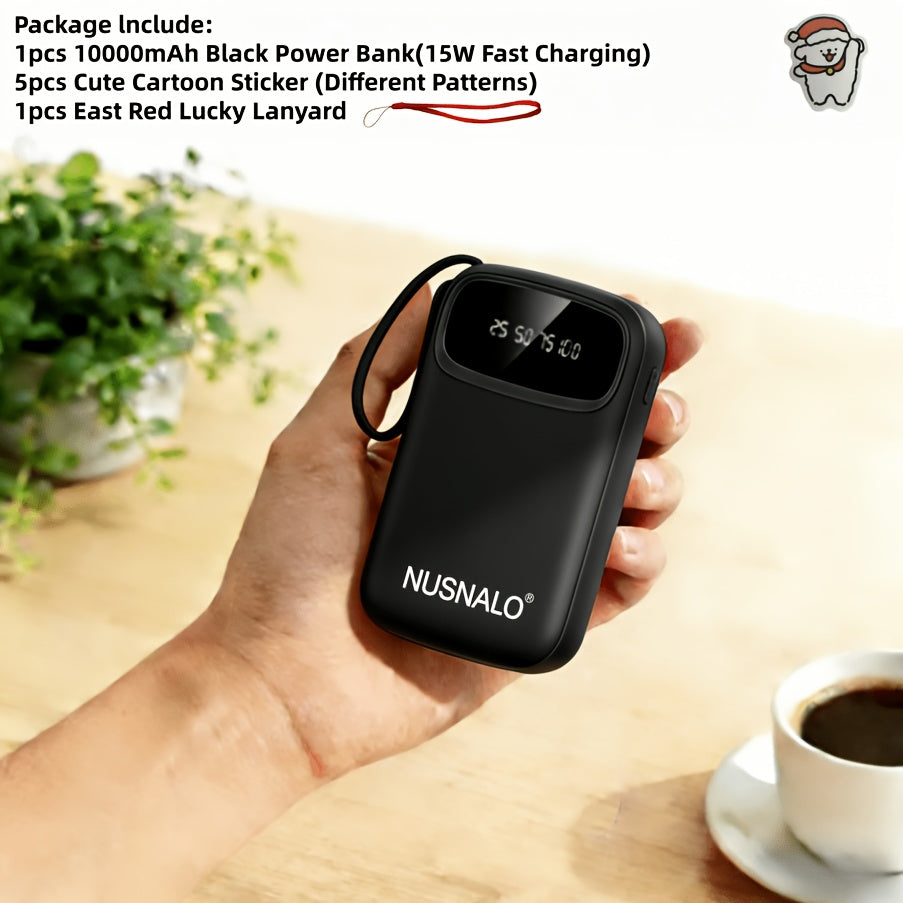 Latest Upgraded High-Value Light Luxury Style 10000mAh High-Capacity 5W/15W Portable Fast-Charging Power Bank with Real-Time Power Display, Smart Digital Display, Portable Lanyard, Ultra-Bright LED Light, Built-in 4 Cables