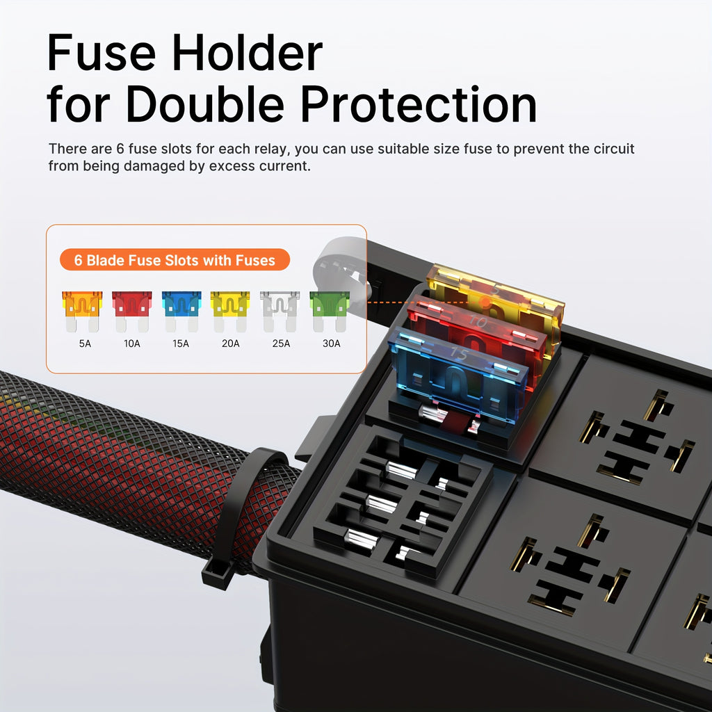12V Automotive Relay Fuse Box 6 Slot Car Fuse Relay Box Universal Fuse Block and Relay Kit, Pre-wired, Suitable for Car Truck Boat
