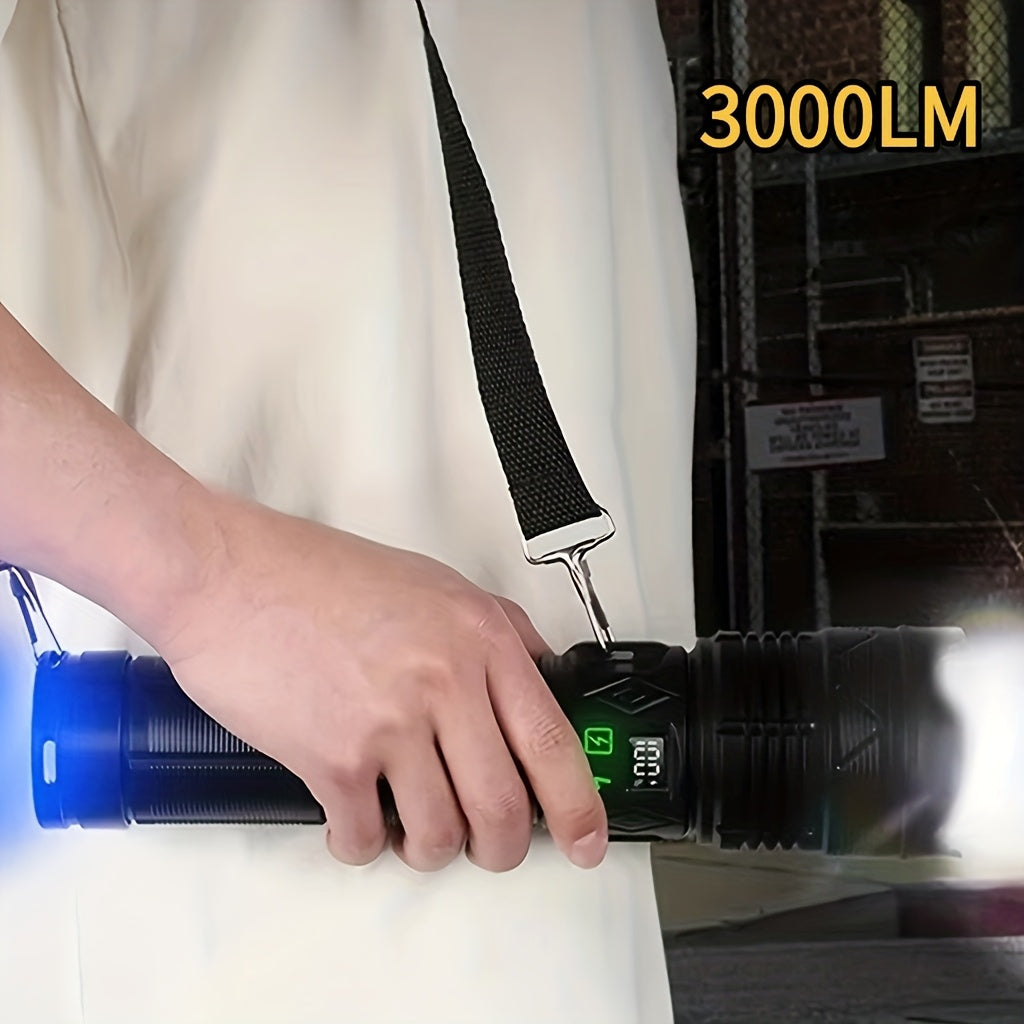 1-Pack Black High Lumen Tactical Flashlight, 11 Lighting Modes, 3000 Lumens, Red & Blue Lights, Includes Shoulder Strap, Digital Display Screen, Adjustable Zoom Beam, Ideal for Exploration