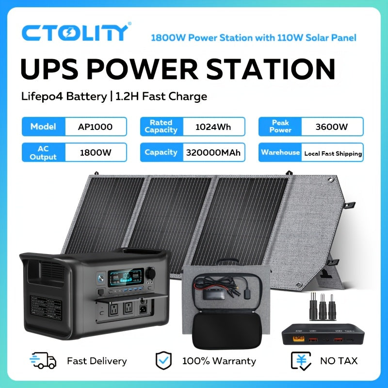 Ctolity 110W 太陽能板 (單體販售), 2400W/ 1800W/ 500W (峰值 4800W/ 3600W/1000W) 可攜式電源站, 2048Wh/ 1024Wh/ 345Wh LifePO4 電池, 400W/ 200W/ 100W 太陽能板可用於直接充電手機、筆記型電腦, UPS 功能