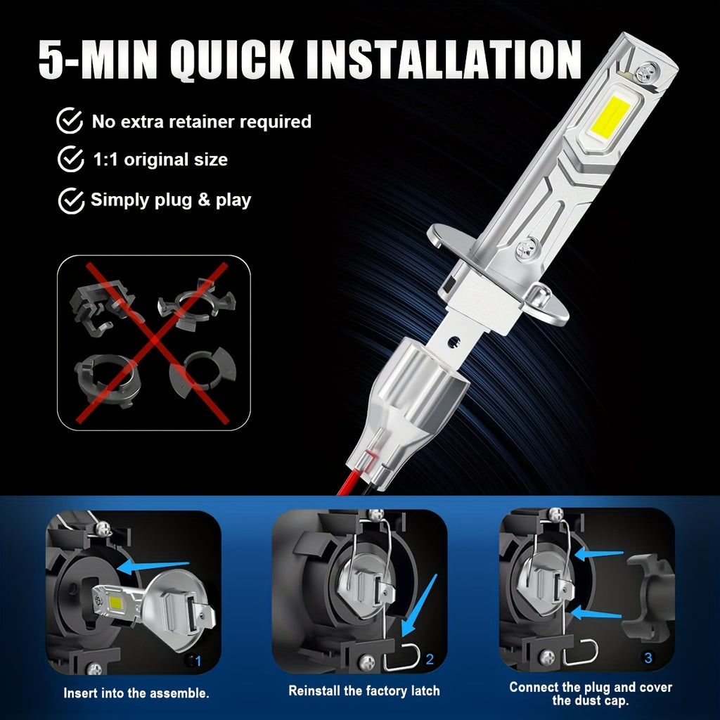 LupuAuto 2-Pack H1 LED Headlights, 1:1 Mini Super Bright Headlight Bulbs, 6500K White Light, 20000 Lumens, 90W, 12V Hardwired, Plug-and-Play, No Adapter Needed, No Battery Required, Suitable for Motor Vehicles