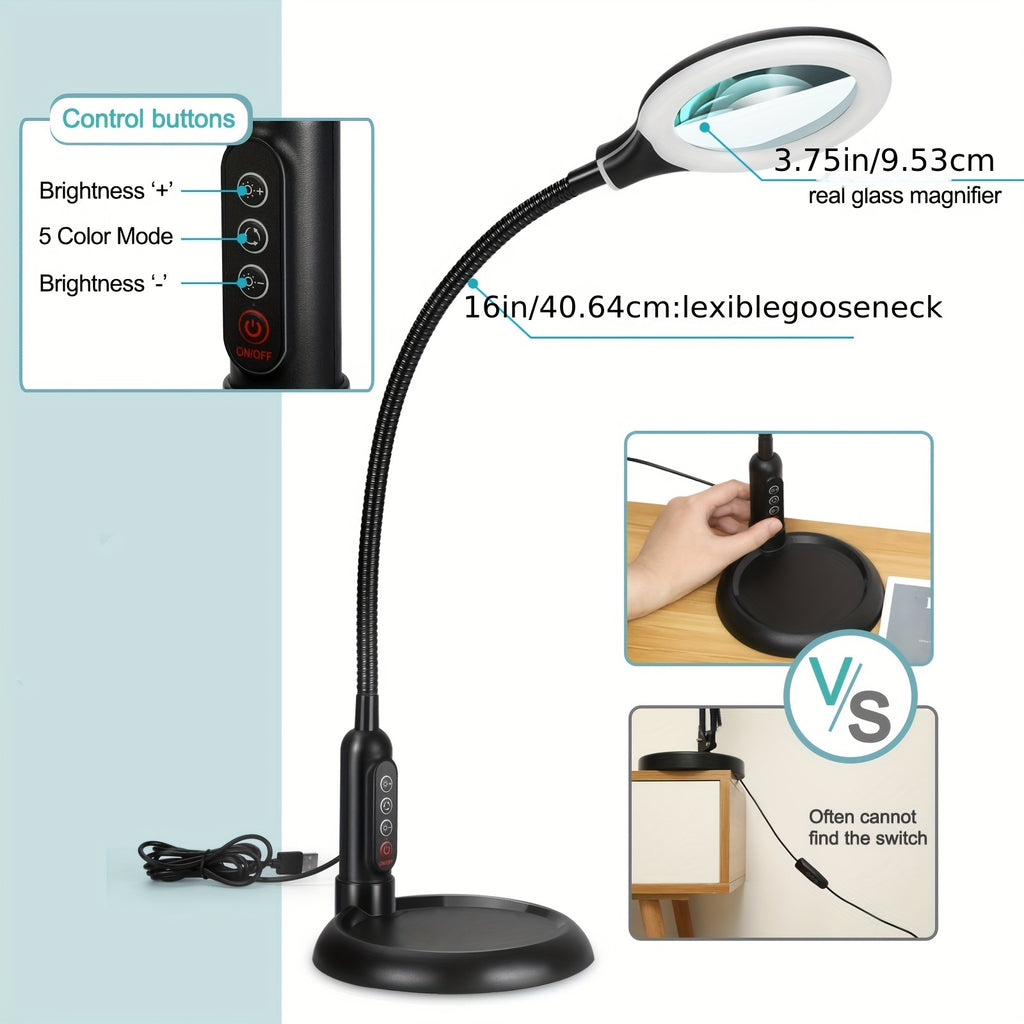 16-inch gooseneck arm, 10x magnifier lamp, adjustable swivel device with clamp, 5 light colors stepless dimming, 2-in-1 hands-free LED desk lamp, suitable for close-up work, office and other places