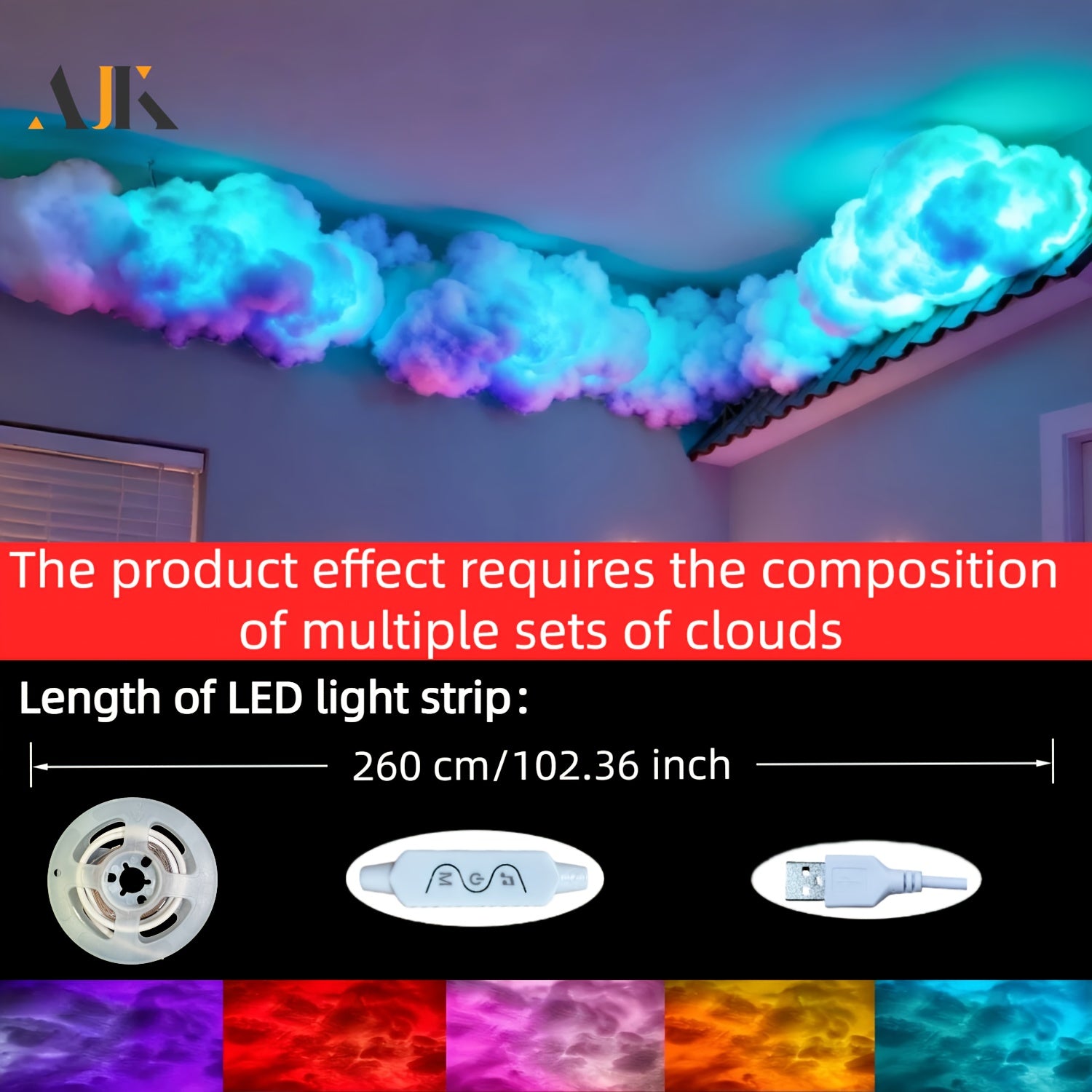AJK 102.36英寸DIY云朵造型灯 - 音乐同步功能，现代霓虹感智能灯带变色效果 - 即插即用楼梯装饰，适用于卧室、游戏室、电视柜 - 节能LED派对灯饰