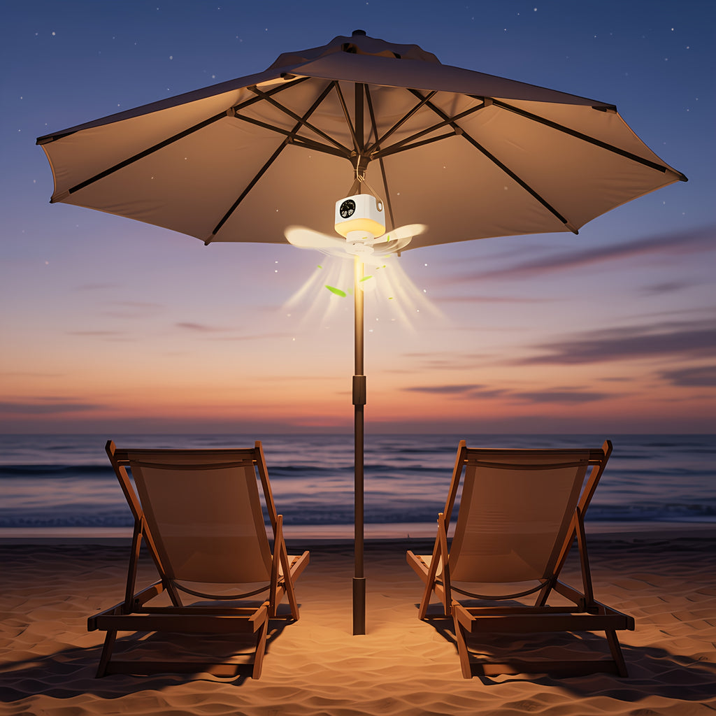 1 Pack Rechargeable Camping Fan Light, 3 Warm Light Modes, Outdoor Patio &amp; Indoor Bedroom Bedside Lamp, Hanging/Stand Mountable, Multi-Function Camping Light with Fan, Remote Control, Ideal for Summer, RV, Truck, Roof Tent, Travel and Camping