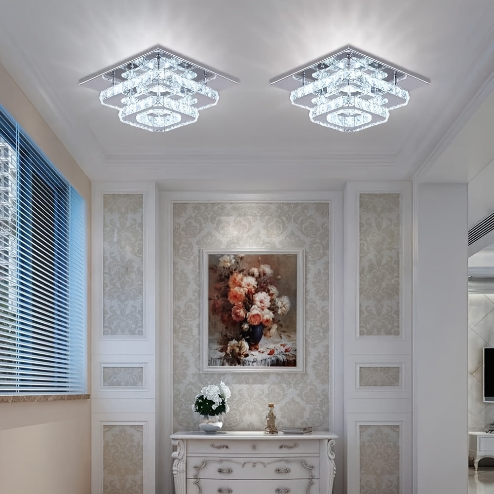 Crystal ceiling light square chandelier modern LED recessed two-layer ceiling light lighting fixture suitable for dining room living room bedroom kitchen hallway hall (cool white light)