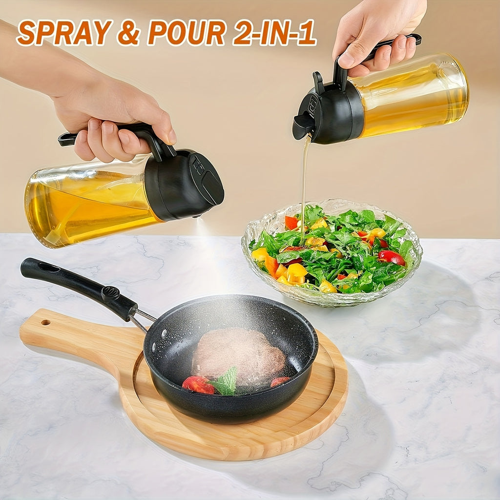 16 Oz Glass Oil Spray Bottle - 470ml Olive Oil Sprayer, 2-in-1 Kitchen Gadget, Perfect for Cooking, Salad Dressing and Barbecue, Square Design with Black Lid, Hand Wash Only, PVC Free