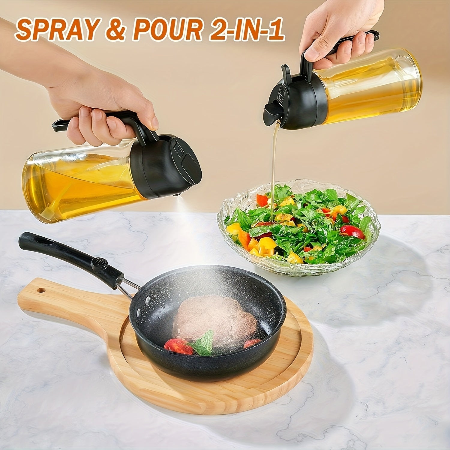 16 Oz Glass Oil Spray Bottle - 470ml Olive Oil Sprayer, 2-in-1 Kitchen Gadget, Perfect for Cooking, Salad Dressing and Barbecue, Square Design with Black Lid, Hand Wash Only, PVC Free