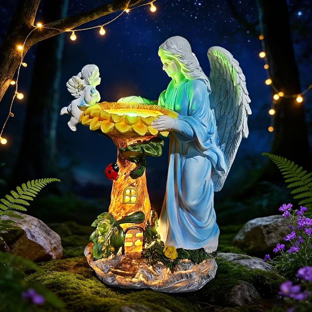 OTDECOR 1-Piece Solar Color Changing Light Angel and Cherub Garden Statue, Angel Outdoor Statue Sculpture, Resin Outdoor Decor with LED Lighted Tree House Base, Suitable for Patio and Backyard Lawn Decoration