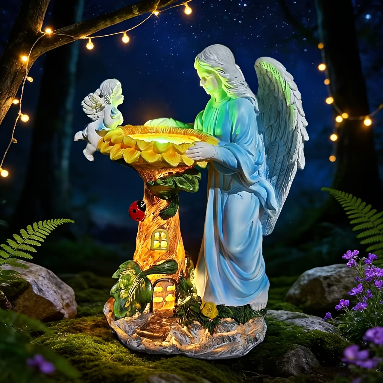 OTDECOR 1-Piece Solar Color Changing Light Angel and Cherub Garden Statue, Angel Outdoor Statue Sculpture, Resin Outdoor Decor with LED Lighted Tree House Base, Suitable for Patio and Backyard Lawn Decoration
