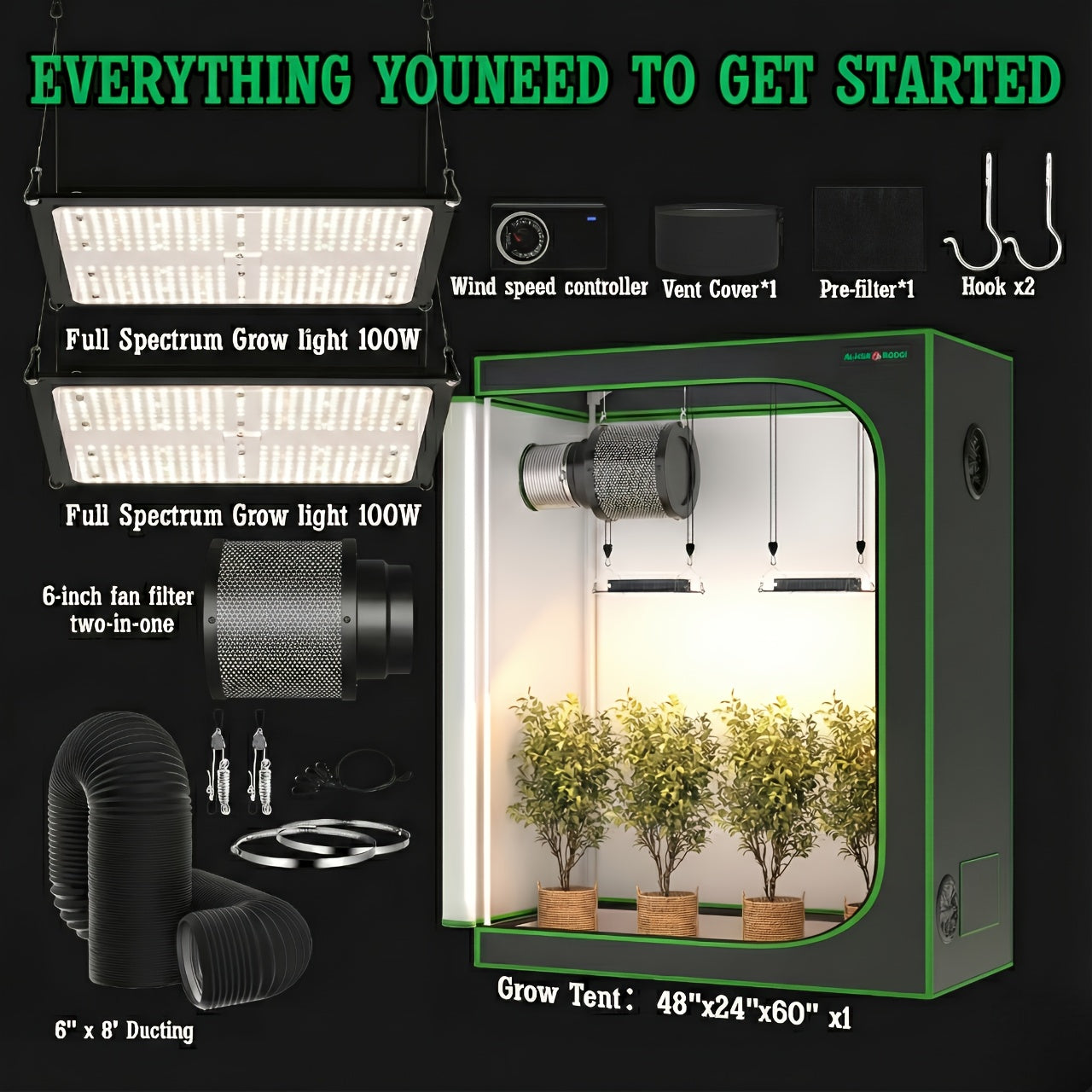 1800D Material 48x24x60 Inch (≈4x2 Ft) Hydroponic Grow Tent, Optional Accessory Kit: 100W Dimmable LED Light, 8ft Ducting, 4"/6" Vents, Optional Standard Independent Fan & Filter Combo or New Integrated Fan-Filter Unit