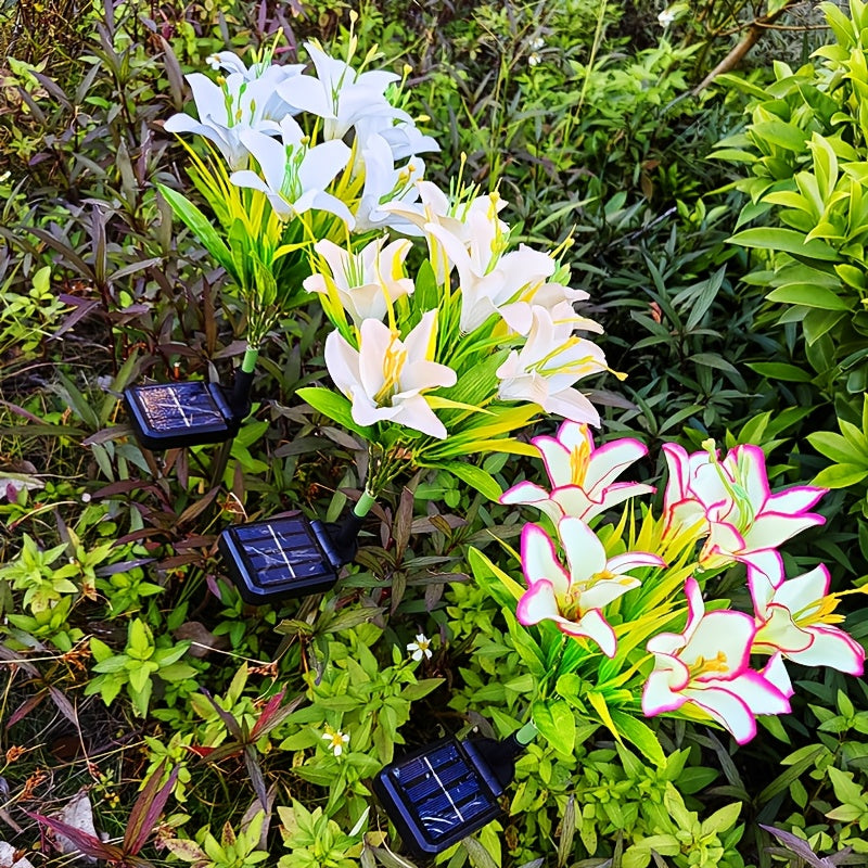 1-Piece Outdoor Solar Garden Light, Upgraded High Simulation 6 Lily Flowers, Spring, Autumn Decorative Solar Outdoor Light, Garden, Courtyard, Path, Lawn, Party, Holiday Decoration