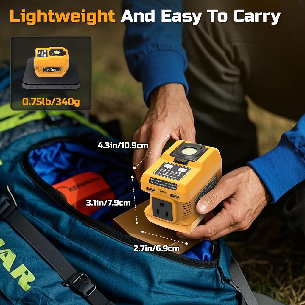 与得伟18V/20V电池兼容的电源逆变器，直流20V转交流110V便携式发电站，配备2个USB接口、1个Type-C接口及1个交流插座，400流明照明灯（不含电池）