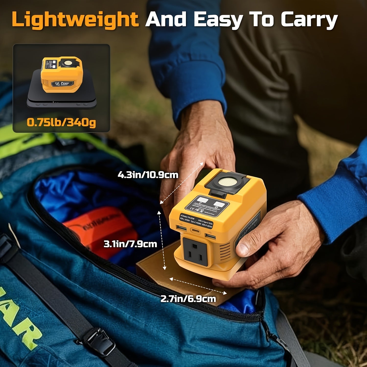与得伟18V/20V电池兼容的电源逆变器，直流20V转交流110V便携式发电站，配备2个USB接口、1个Type-C接口及1个交流插座，400流明照明灯（不含电池）