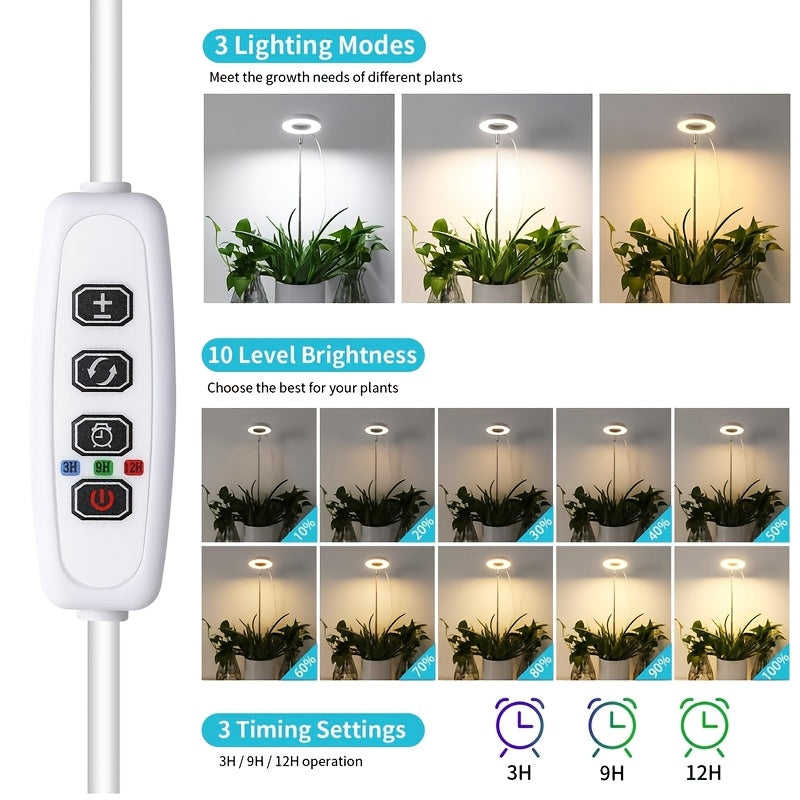 3 Pcs LED Plant Grow Light, Indoor Full Spectrum Ring Grow Light, Adjustable Height & Angle USB 5V Plant Lamp with 2/4/8H Auto Timer, 3 Lamp Heads, Seedlings Succulents Starting Grow Light