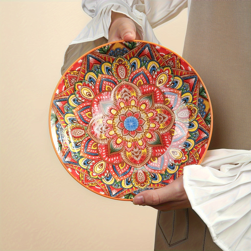 1-Piece Bohemian Floral Theme Ceramic Dinner Plate – 8-Inch Round Decorative All-Season Tableware, Perfect for Steak, Pasta, Breakfast – Microwave Safe Ceramic Dishware – Great for Christmas Gifts, Restaurant & Home Use
