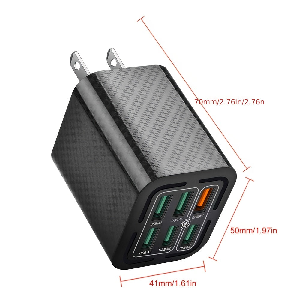 6 Ports USB Charger QC Fast Charging US Plug with 39.37inch USB to Type-C Cable, Fast Charger Power Adapter for iPhone 17, for Xiaomi, for Samsung Wall Charger- Ideal for Home And Travel, Multidevice Charging, Home Charging Station, Compact Design