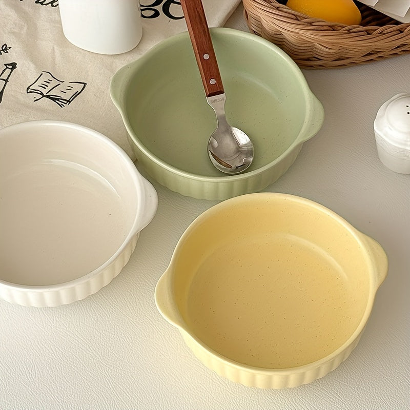 1 Ceramic Bowl with Ear Handles, Large Capacity Ceramic Plate, Soup Bowl, Salad Bowl, Noodle Bowl, Oven & Microwave Safe, Dinnerware, Kitchen Supplies for Salad, Fruit, Pasta, Kitchenware, Tableware Accessories/
