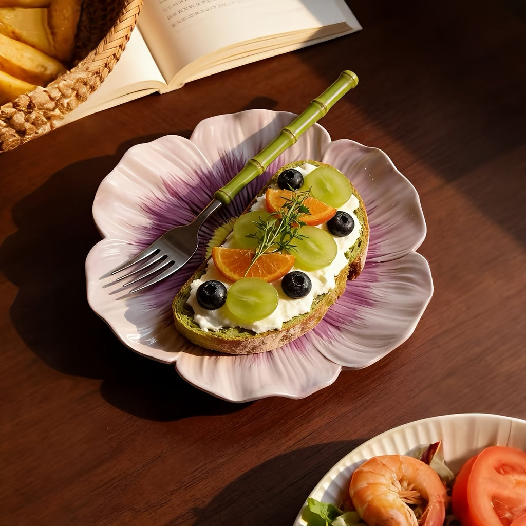 2PCS Set, New Purple Flower Bud Ceramic Dinnerware – Steak Plate, Pasta Plate – Perfect for Restaurant & Home Use – Novel Floral Pattern Plate, Fruit Salad Bowl, Exquisite Personalized Tableware, Fine Kitchen Dinnerware, Gift