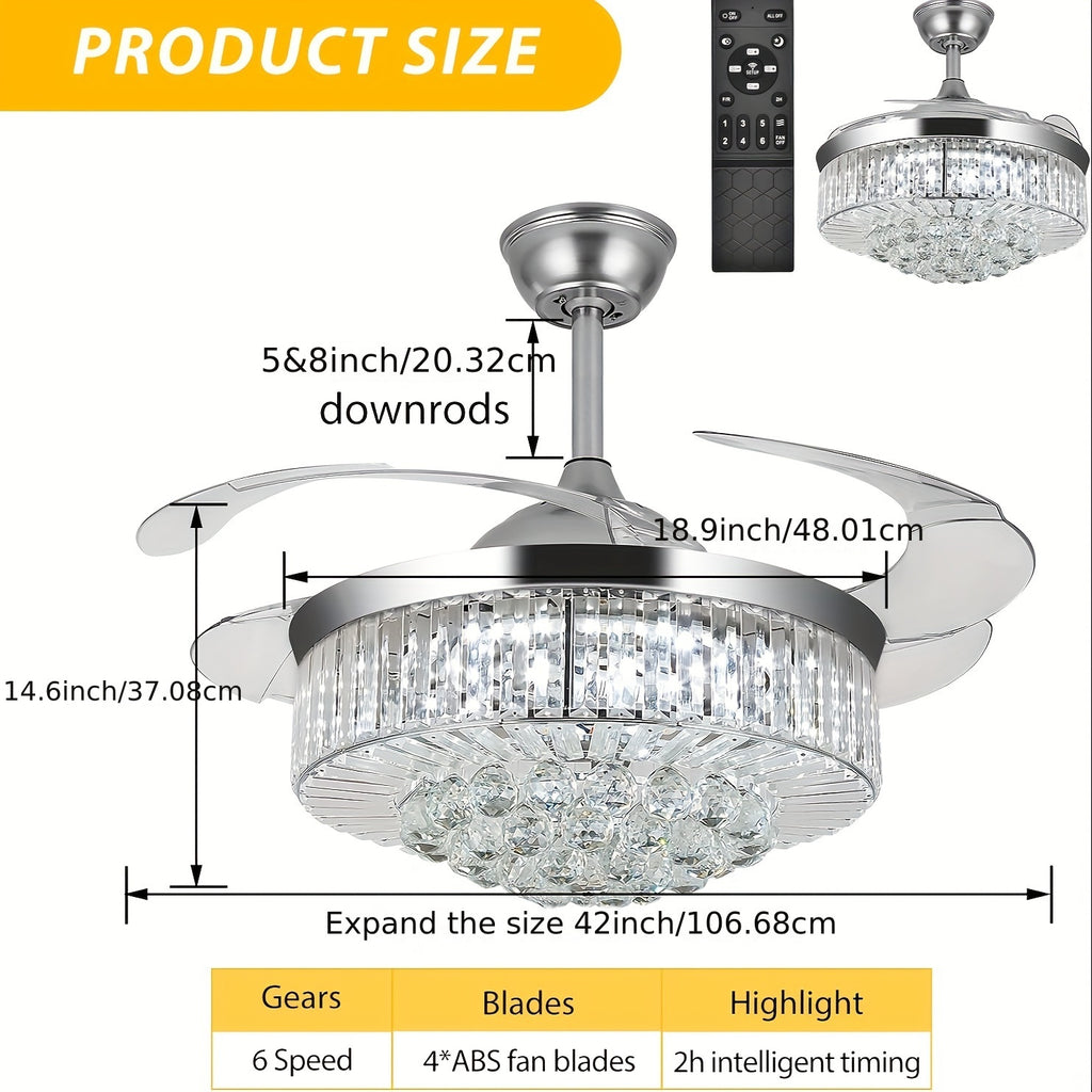 42 Inch Flush Mount Ceiling Fan with Light, Reversible Chandelier Design, for Bedroom and Living Room, 3 Color Options, 6 Speed Settings, Built-in Timer and Chandelier Function