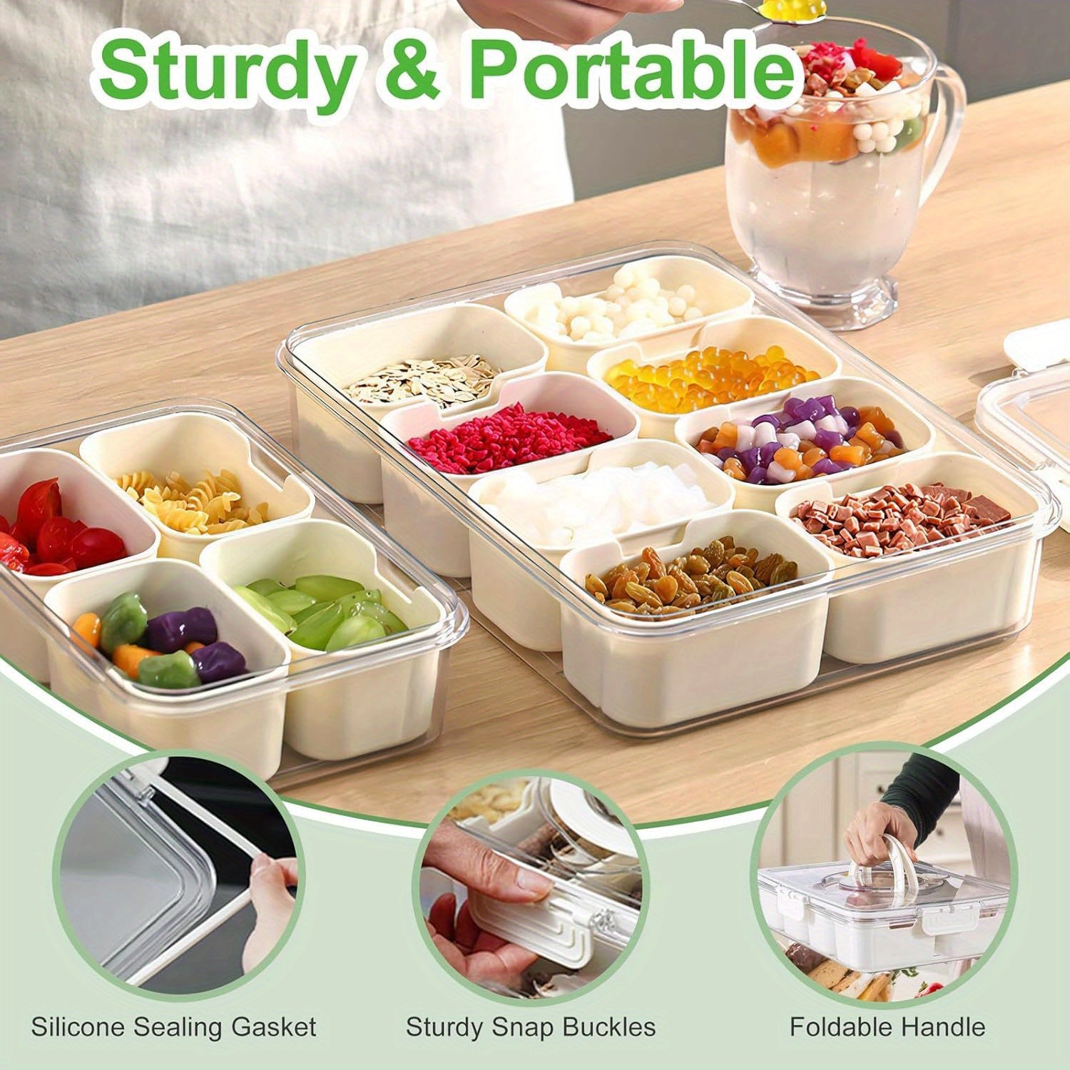 1/2 Pack Divided Tray with Lid and Handle, 8-Grid Freezer Plastic Snack Box, Transparent Portable Snack Box with Buckle Lid, Perfect for Fruits, Vegetables, Salad, Nuts, Ideal for Travel, Camping, Picnic and Lunch Box Organization