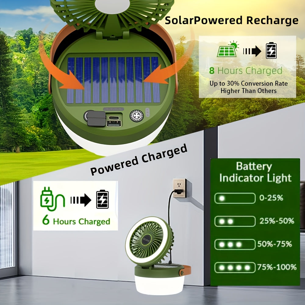 3000mAh Solar Camping Fan, Outdoor Fan with Solar Panel, Portable LED Light Fan, Handheld & Hanging Mini Fan, USB Rechargeable Quiet Fan with Emergency Power Bank, Ideal for Camping Picnic Barbecue Fishing, Supports Phone Charging