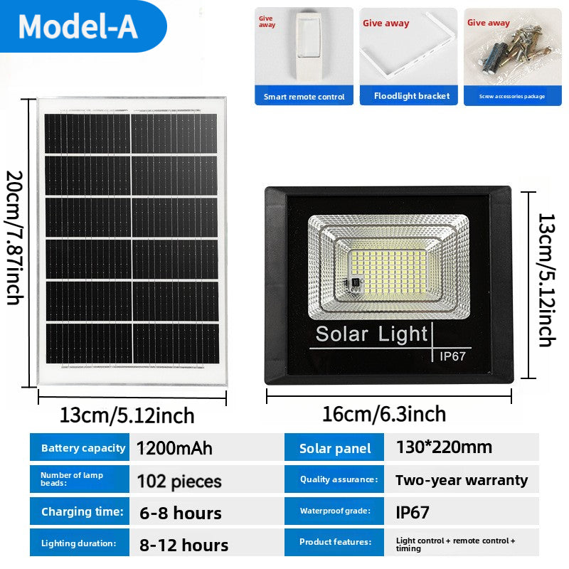 104 LED Solar LED Flood Light with Remote Control, Installation Kit Included, IP67 Rating, Adjustable Angle, High Brightness Outdoor Wall Light, Suitable for Courtyard Exterior Wall Lighting, Also for Garden, Patio and Sports Field Lighting
