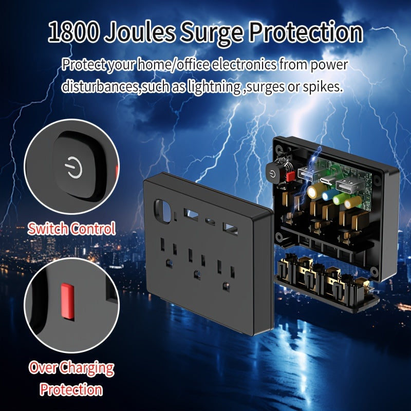 Black US-spec Power Outlet With 6 AC Outputs Plus 2 USB-A And 1 USB-C Ports, Featuring A Compact, Mini, And Portable Design. It Comes With Overload Protection, A Power-off Switch, Safeguard Mechanisms, And Is A 9-in-1 Multifunctional Power Strip