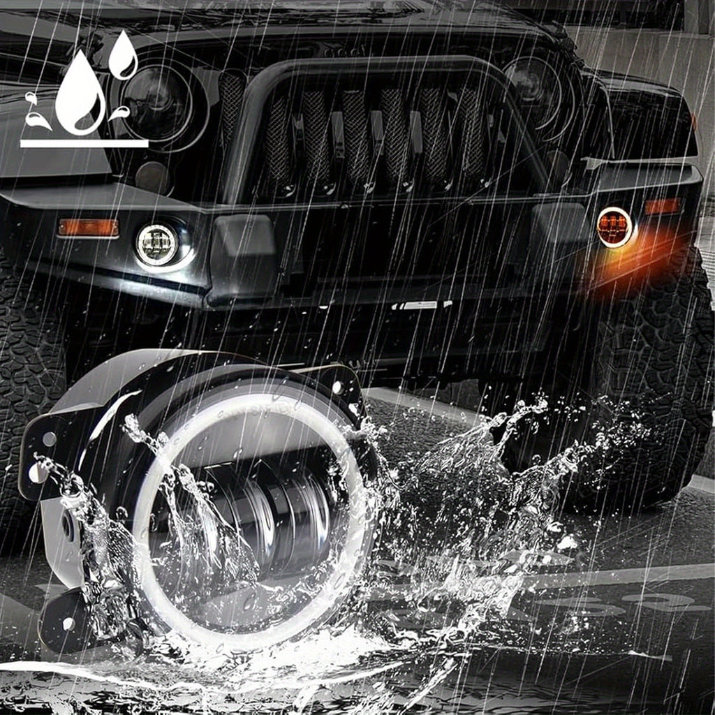 4英寸 LED 雾灯，带白色天使眼环，专为 JEEP Wrangler JK Unlimited JKU 2007-2018 年款设计，包括白色日间行车灯和琥珀色转向信号灯
