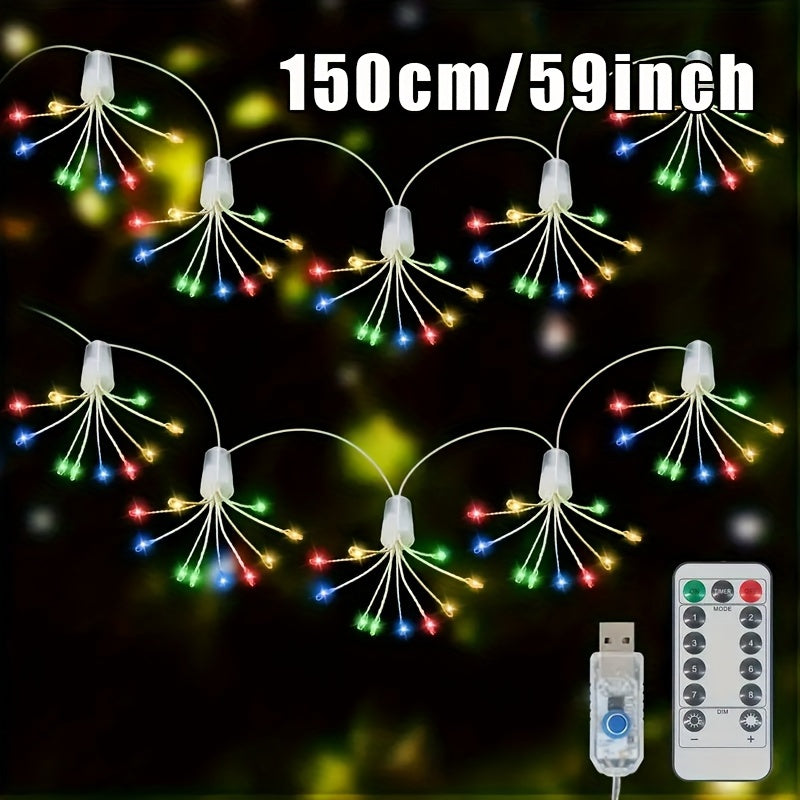 50LED/100LED USB供电烟花灯串，遥控户外花园装饰挂灯，8种灯光模式，IPX4级，完美圣诞、新年、婚礼、派对氛围灯——适用于庭院、花园、景观装饰