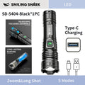 1Pc/2Pcs/3Pcs SMILING SHARK Rechargeable Flashlight, Super Bright Handheld Light, LED Torch, Zoomable High-Light Flashlight, Telescopic Design, Ultra-Long Battery Life, 5 Lighting Modes, Ideal for Home Emergency Hiking Travel SD5404