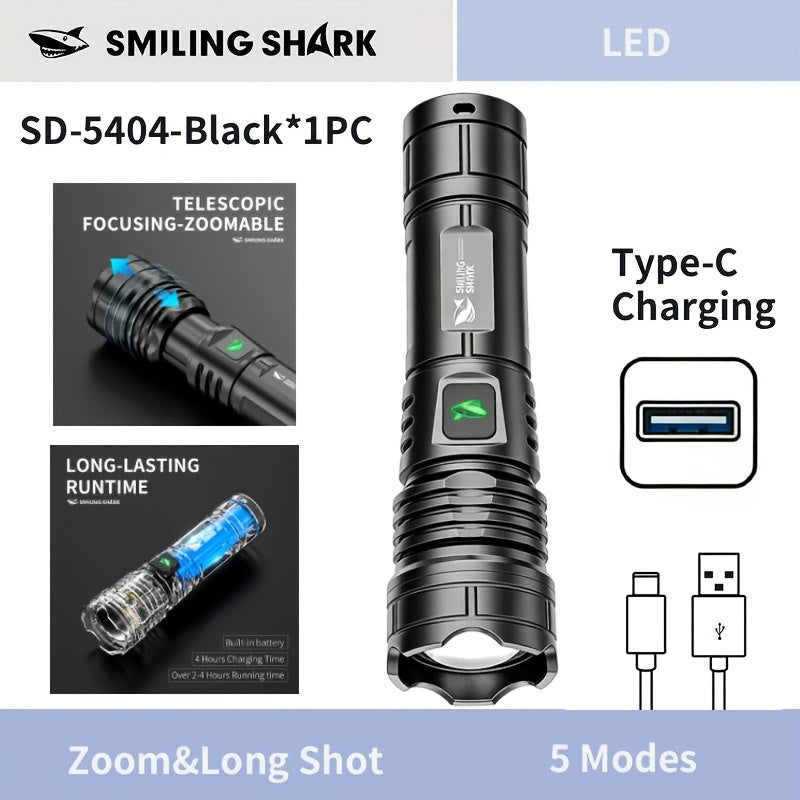 1Pc/2Pcs/3Pcs SMILING SHARK Rechargeable Flashlight, Super Bright Handheld Light, LED Torch, Zoomable High-Light Flashlight, Telescopic Design, Ultra-Long Battery Life, 5 Lighting Modes, Ideal for Home Emergency Hiking Travel SD5404