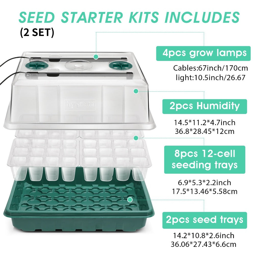 2/4 Pcs Seed Starter Tray with Grow Light, 48-Cell Germination Tray Humidity Dome Timer Dimmable Lamp, Ideal for Indoor Hydroponics Germination Kit Greenhouse Gardening Tools