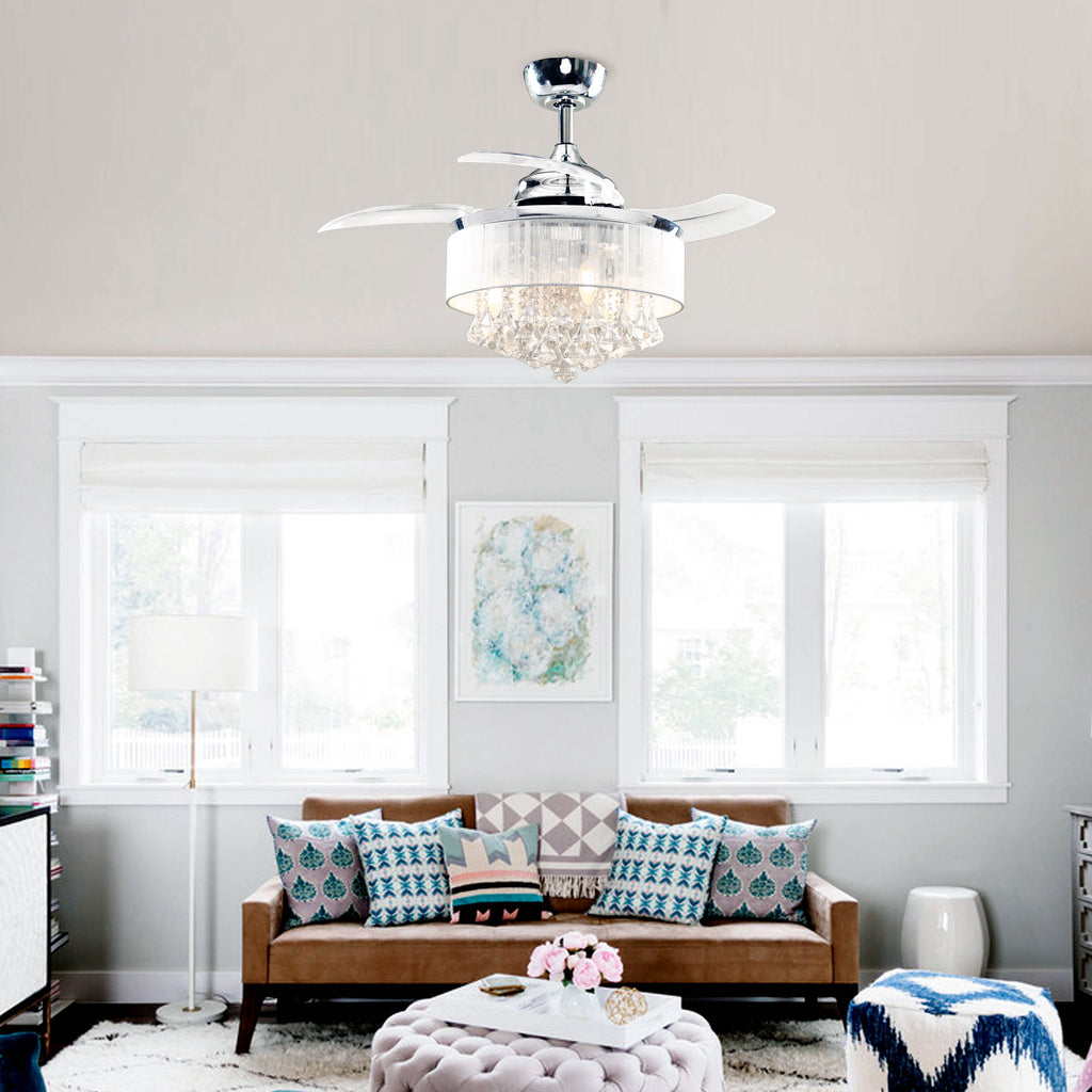 36 Inch Indoor Galvanized Downrod-Mount Retractable Crystal Ceiling Fan Chandelier with Remote & Lampshade