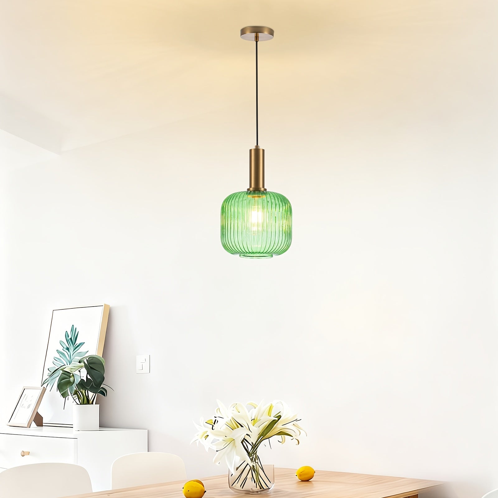 Green/Amber Modern Glass Pendant Light, 1-Light Semi-Flush Mount Ceiling Light, E26 Base Adjustable Globe Pendant Lighting, Dining Room, Kitchen Island, Porch Pendant Light (Bulb Not Included)