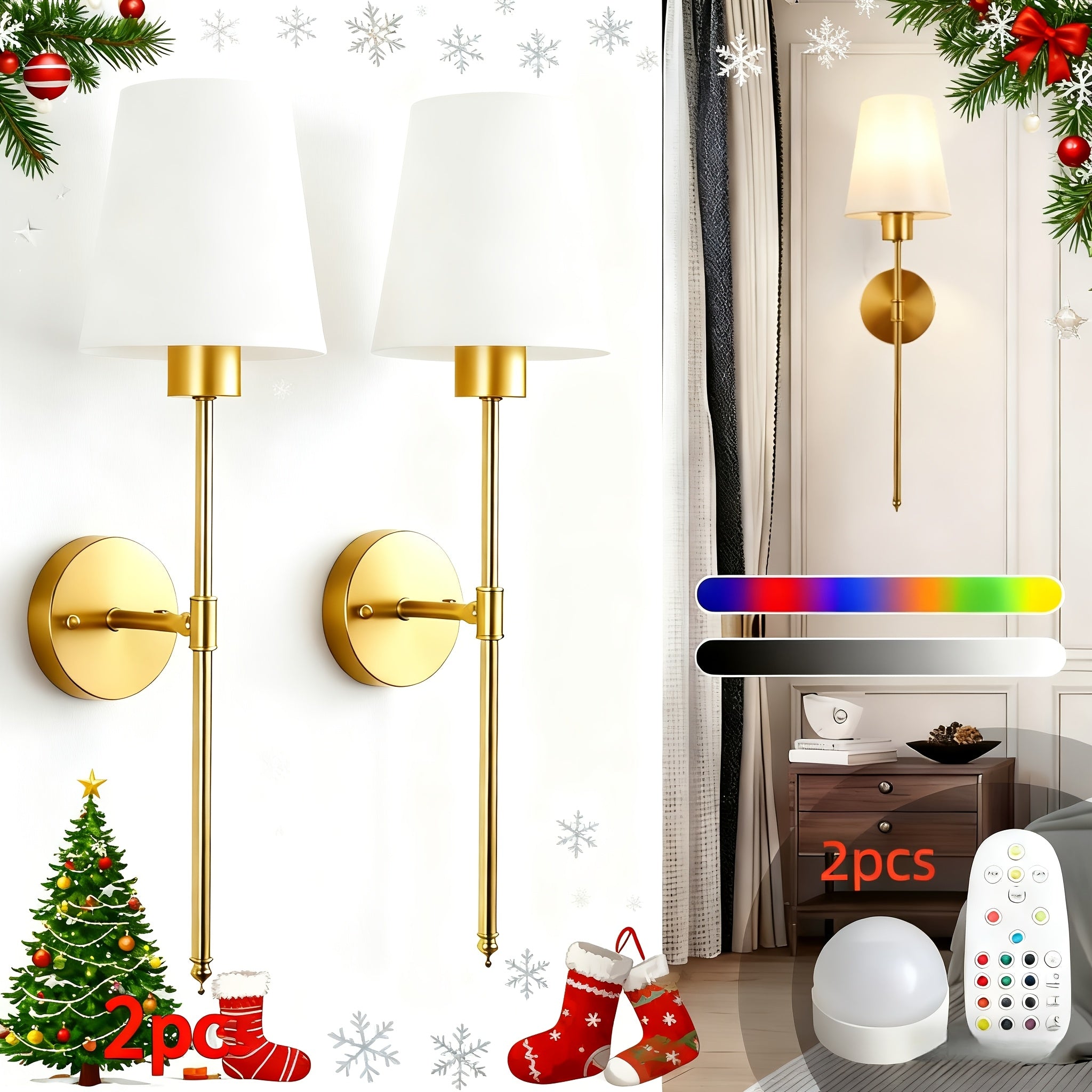 [Christmas Decorative Wall Light] 2-Piece Modern Cordless Wall Light, Equipped with Rechargeable Lithium Battery, Remote Control, 15 Light Colors and Dimmable Function, Suitable for Bedroom and Living Room, Rechargeable LED Light